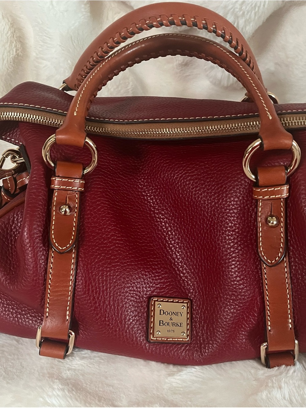Dooney & Bourke Burgundy Pebble Leather Satchel with Cognac Trim